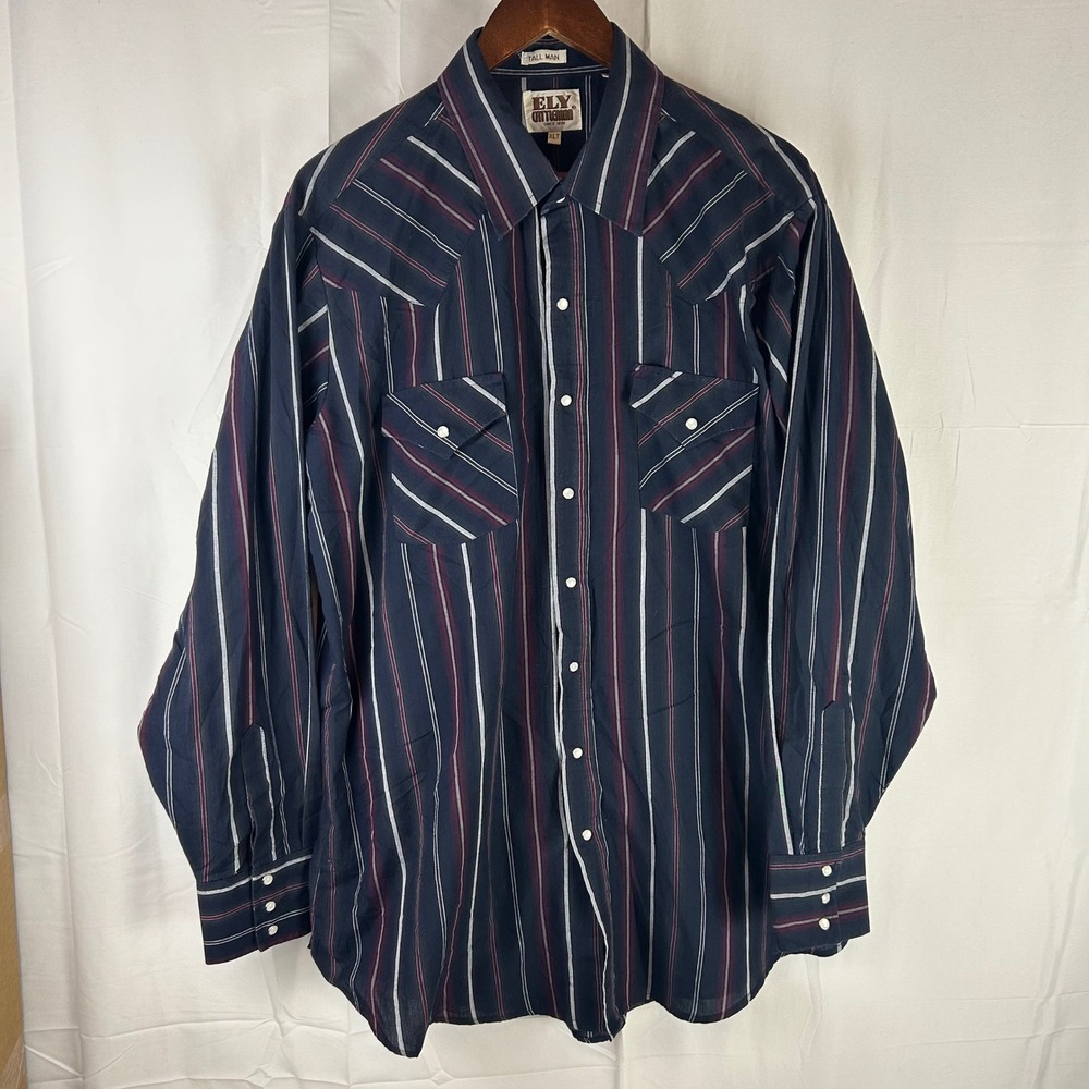 Ely Cattleman Western Shirt Mens XLT Navy Blue Striped Pearl Snap Long Sleeve